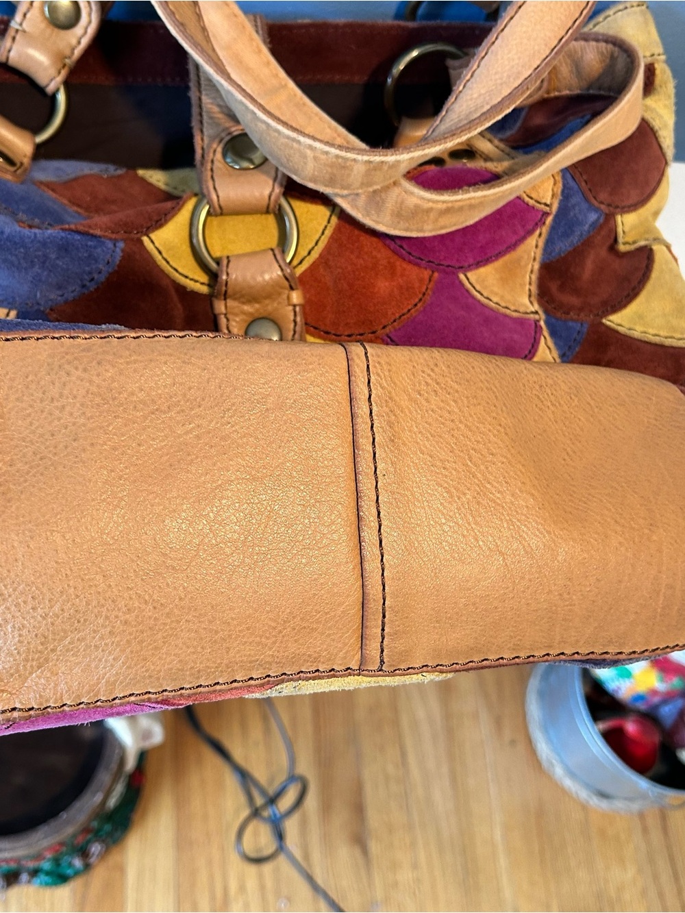 LUCKY BRAND MultiColor Scallop Patchwork Leather Shoulder Boho Tote - Picture 10 of 15